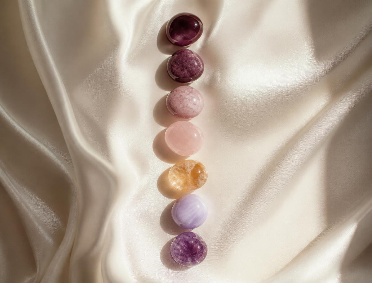 Seven polished stones in chakra colours arranged on ivory silk
